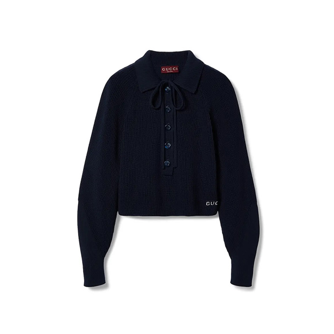 9a+ quality gucci tie detail ribbed knit long sleeve polo shirt